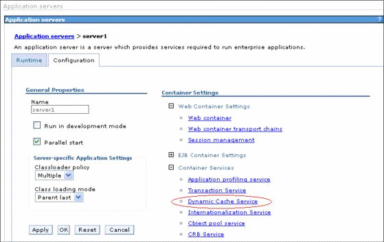 This figure is a snapshot showing where to choose DynaCache Service from the application.