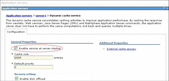 This figure is a snapshot showing where to enable the dynamic caching service.