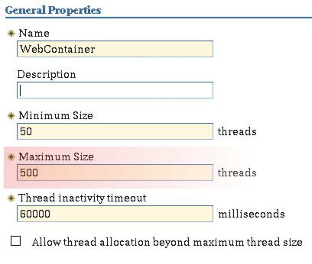 WAS Thread Pool WebContainer properties