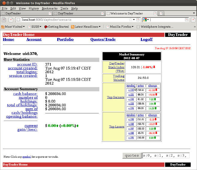 Screen shot of DayTrader home page