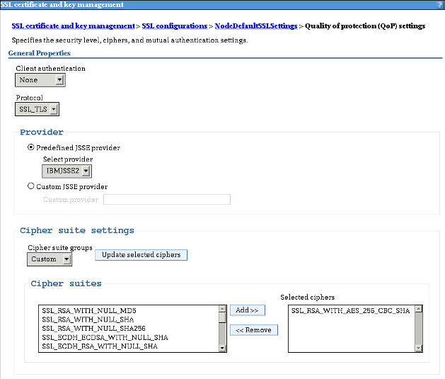 Screen shot showing the QoP fields and possible settings