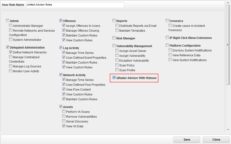 Pantalla de rol de usuario de QRadar Advisor with Watson