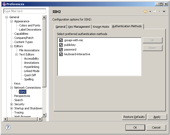 Página de preferencias SSH2 - pestaña Métodos de autenticación