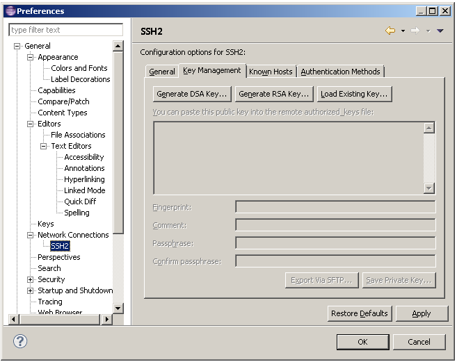 Página de preferencias SSH2 - Pestaña Gestión de claves