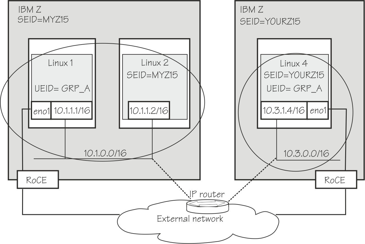 The graphic shows two subnets on different IBM Z systems. An external network connects the two subnets and two RoCE adapters, one on each hardware system.