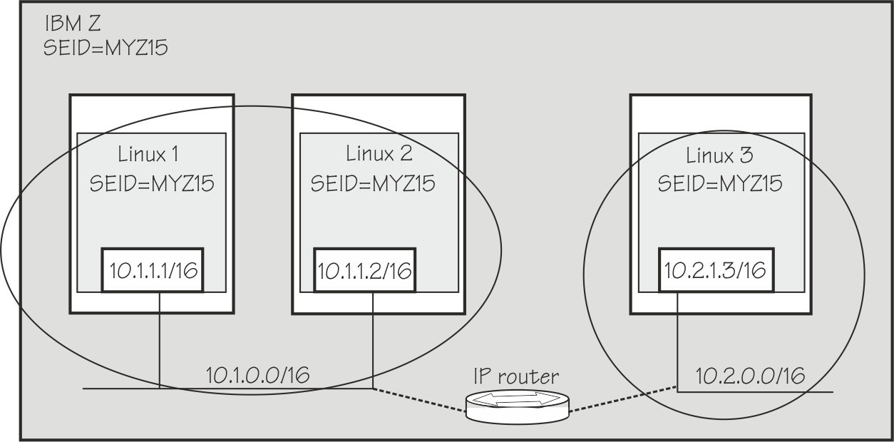 IBM Z with two subnets connected through an IP router, and three Linux instances that all use the SEID .