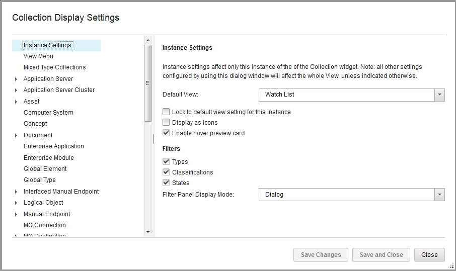 The Service Registry Collection Display Settings wizard