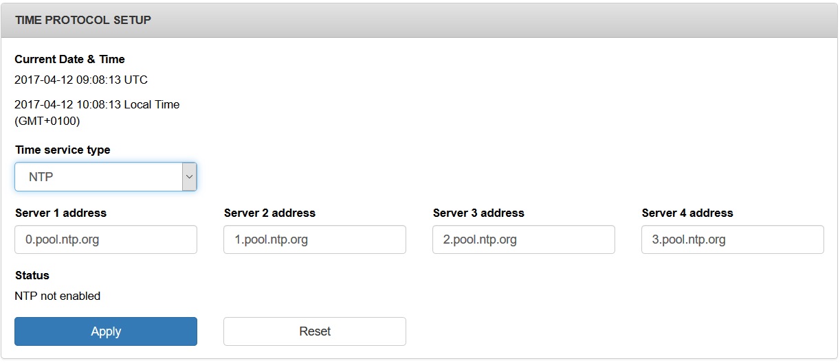 La fenêtre affiche la date et l'heure actuelles au format UTC et heure locale, ainsi que les zones pour le type de service Heure, les adresses de serveur (1 à 4) et l'état de la configuration (par exemple, NTP n'est pas activé). Deux boutons se trouvent au bas de la fenêtre pour appliquer et réinitialiser les paramètres en cours.