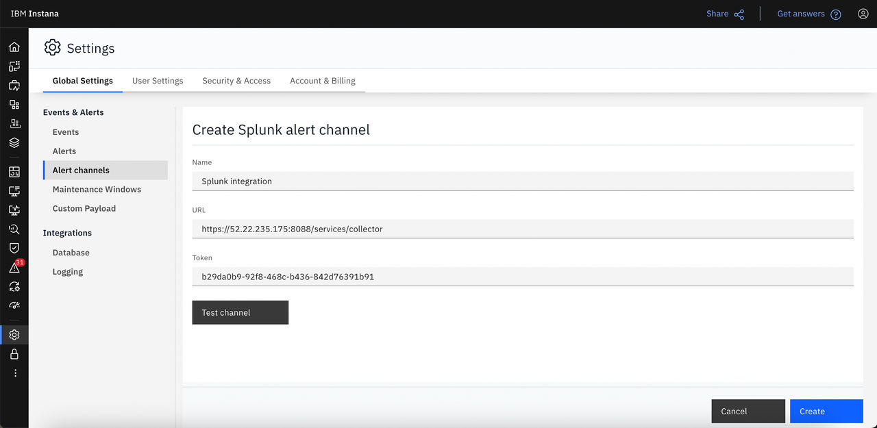 Canal d'alerte Splunk