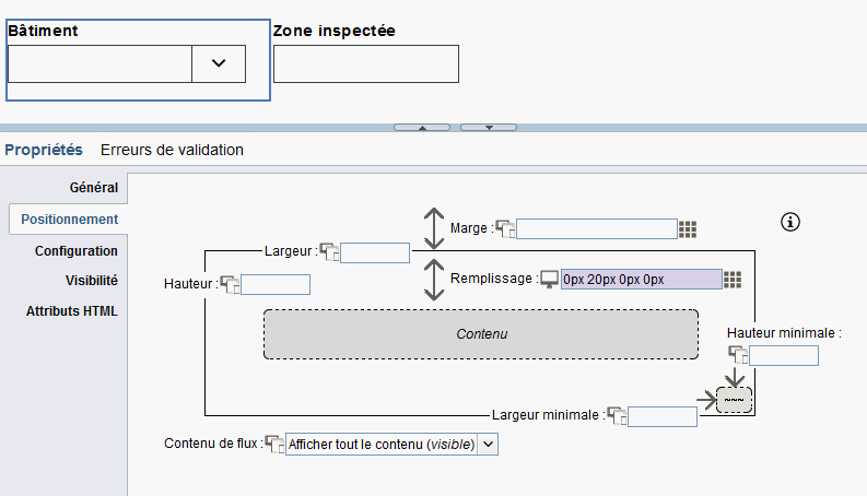 Remplissage de droite défini sur 20 pixels dans les propriétés de positionnement du contrôle de sélection Bâtiment