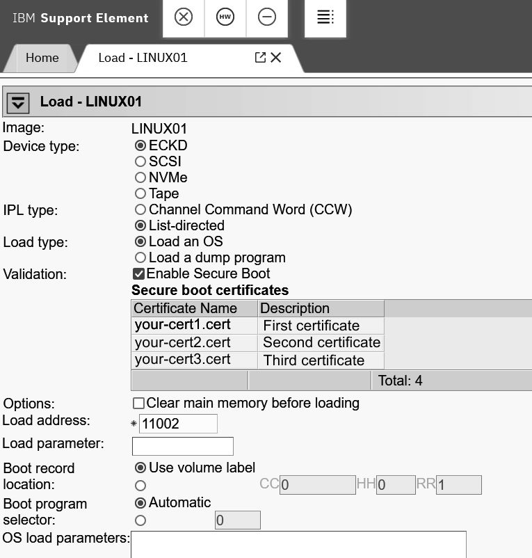 Screen capture of the Support Element Load panel with Enable Secure Boot selected.