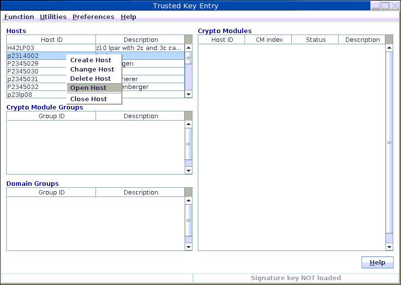 Trusted Key Entry - main window with new created host