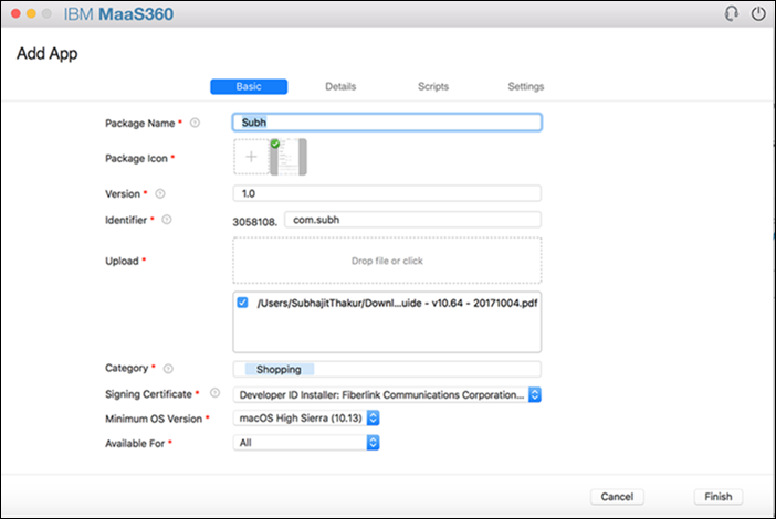Visualizzazione di un esempio per aggiungere un'app macOS dal packager MaaS360
