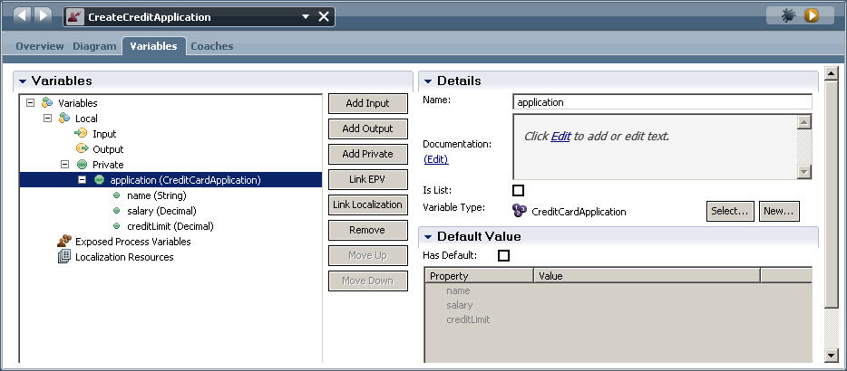La scheda Variabili del servizio umano del patrimonio CreateCreditApplication con la variabile di applicazione del tipo CreditCardApplication.