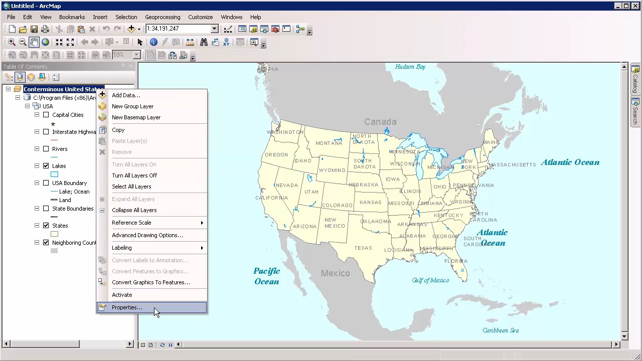 Selecting Properties from the Conterminous United States node