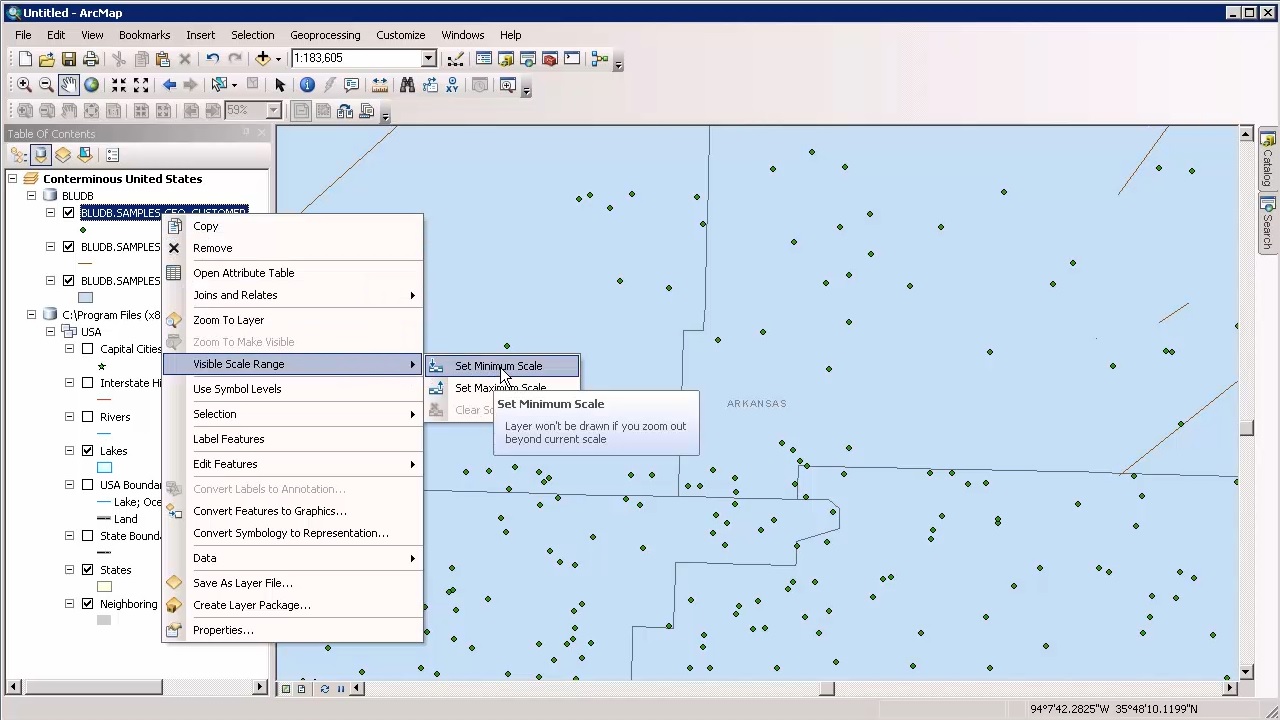 Selecting Set Minimum Scale from the Visible Scale Range menu