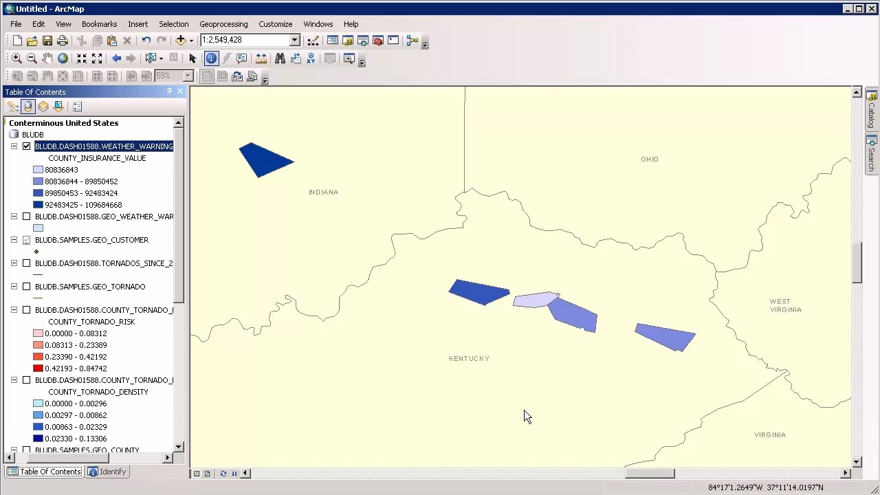 A map showing the insured property values of the tornado warning zones