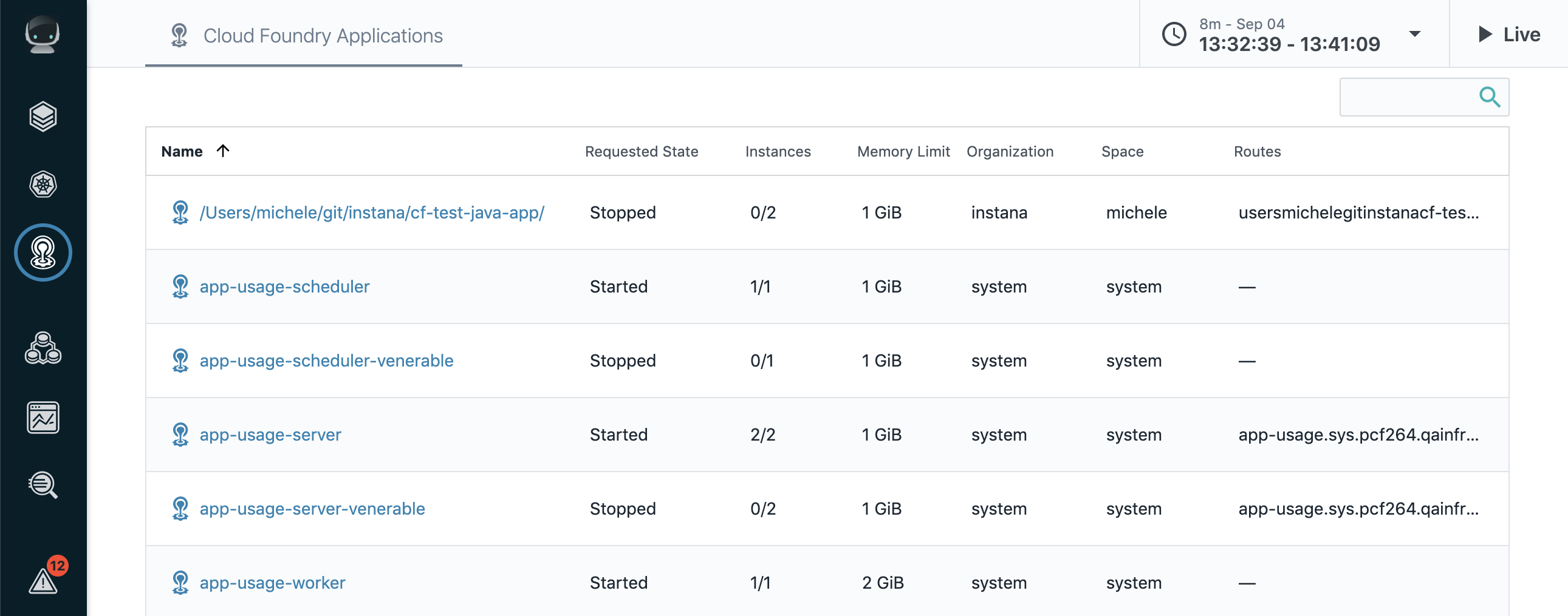 Cloud Foundry アプリケーションのリスト