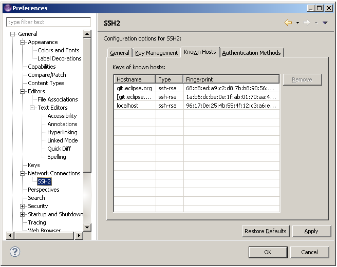 「SSH2」設定ページ - 「既存ホスト」タブ