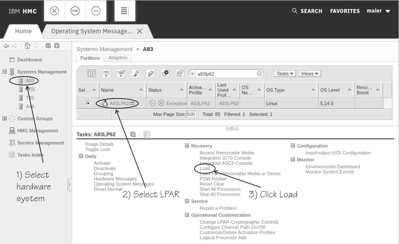 Screen capture of the Hardware Management Console. In the Tasks area, expand the Recovery list and click Load.
