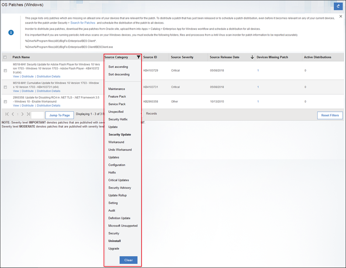 OS 패치 및 앱 업데이트에 대해 사용 가능한 소스 카테고리 유형 보기