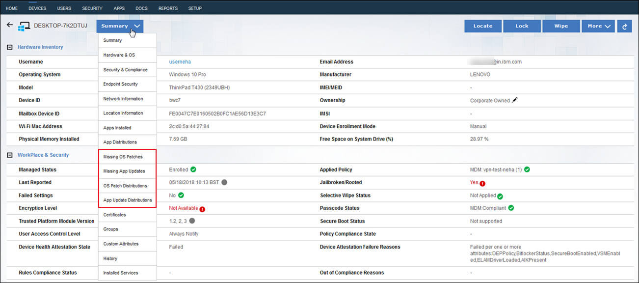 디바이스 요약에서 OS 패치 및 앱 업데이트를 보고 배포하기 위한 다음 메뉴 옵션을 확인하고 사용하십시오.
