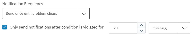 알림 알림 빈도 설정. 문제가 해결될 때까지 한 번 전송하고 20분 동안 조건을 위반한 후 전송합니다.