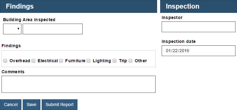 Formatka Raport z inspekcji (Inspection Report) wyświetlana na komputerze w czasie wykonywania