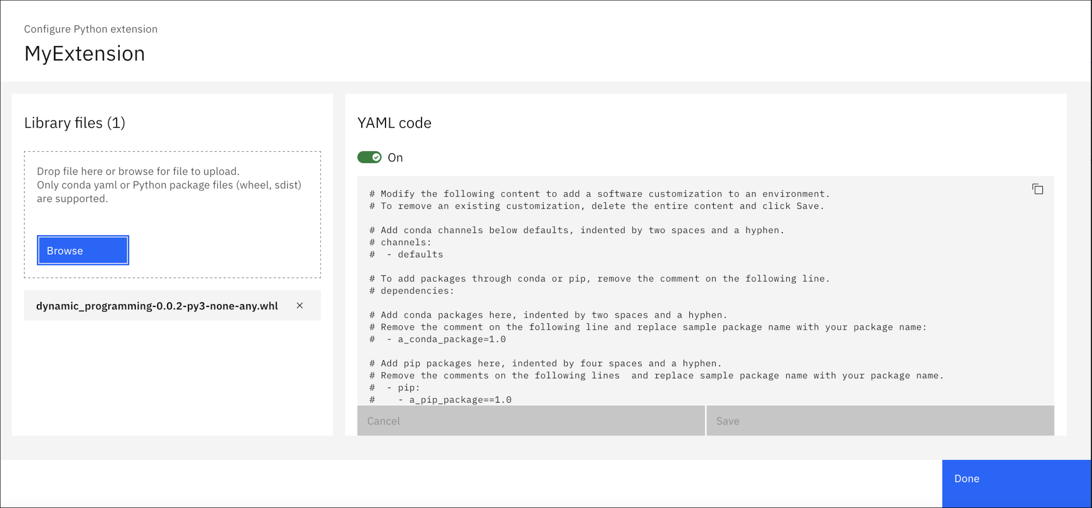 Configure a janela de extensão Python mostrando o código YAML e uma biblioteca de Programação dinâmica incluída