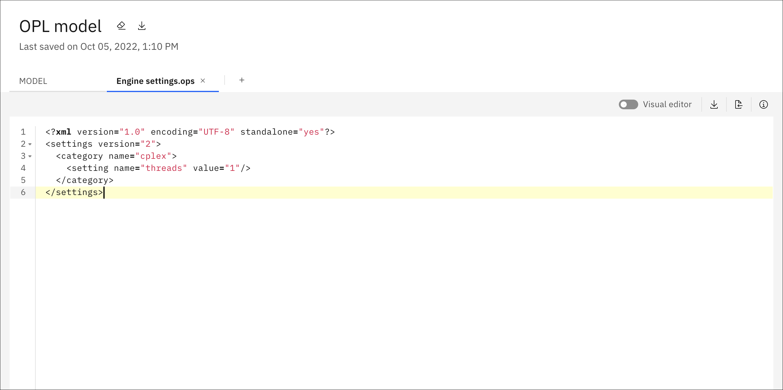 Editor XML mostrando modificações feitas em parâmetros de configuração do motor padrão