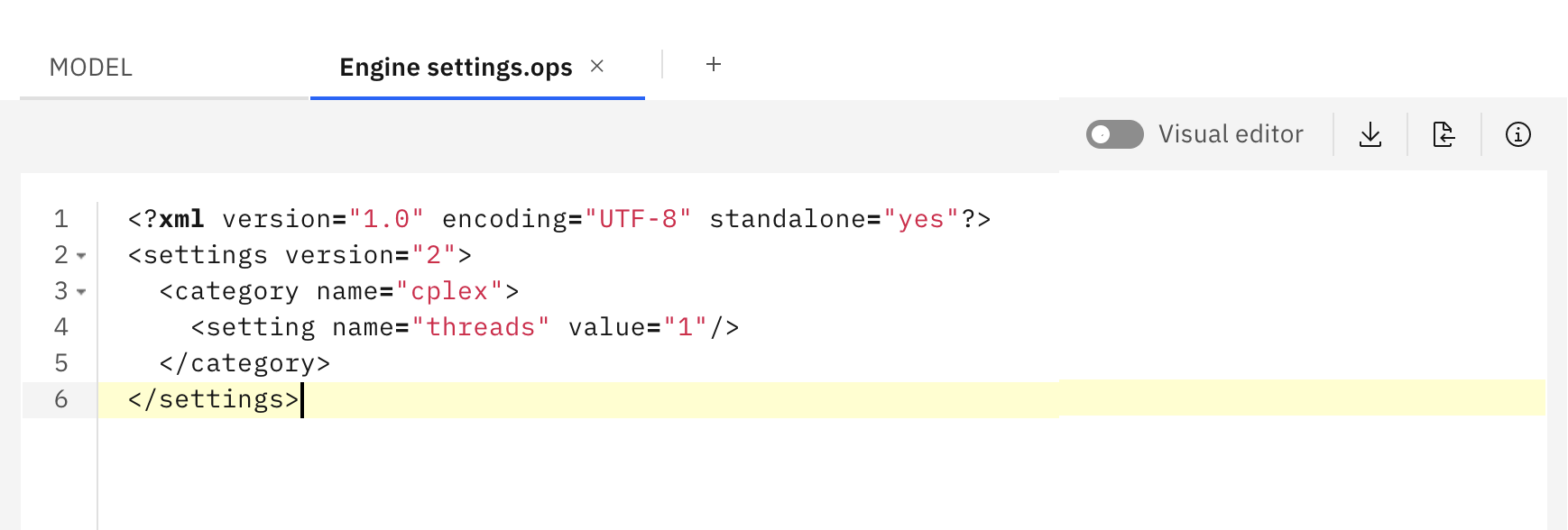 Editor XML mostrando modificações feitas nos parâmetros de configuração do mecanismo padrão