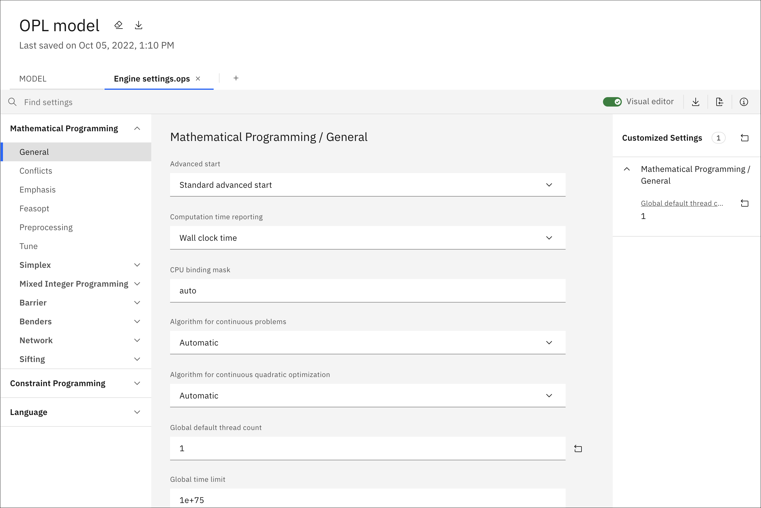 Arquivo .ops de configurações do Mecanismo OPL mostrado aberto na visualização do Editor Visual com um parâmetro customizado