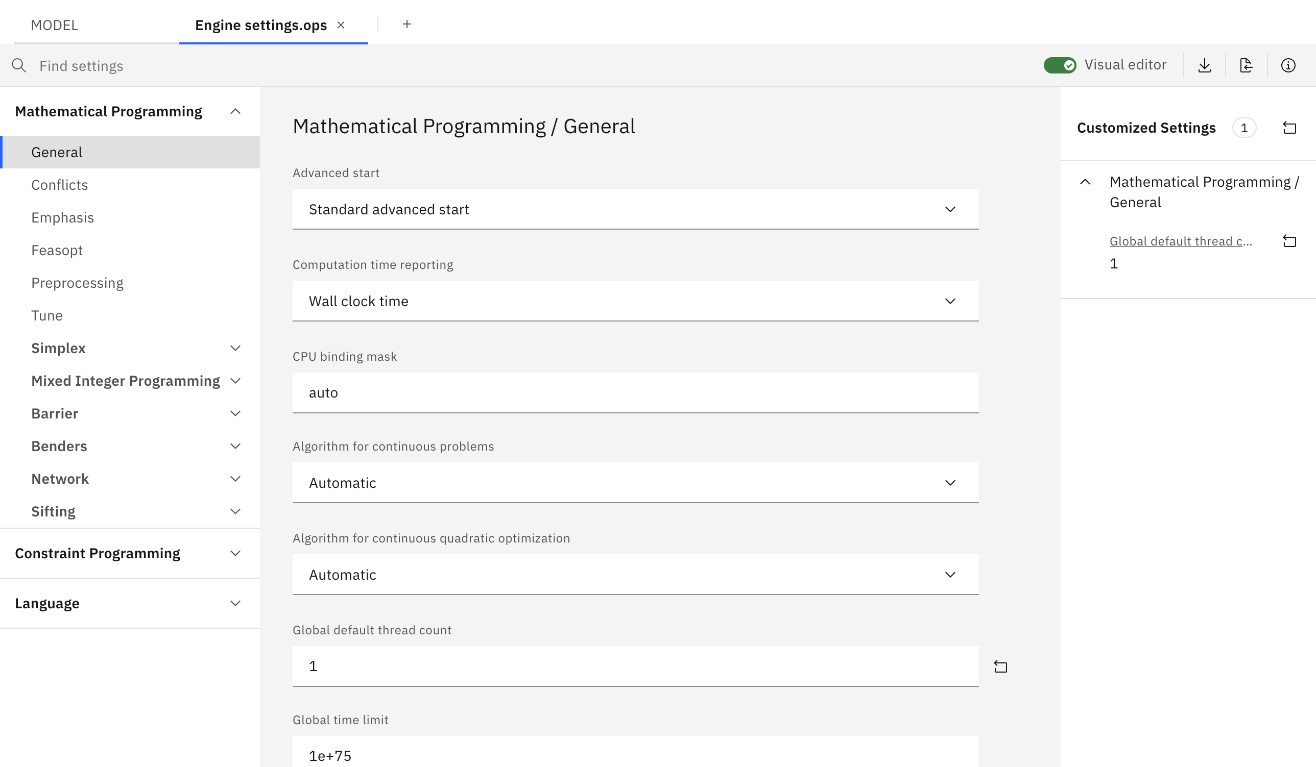 Arquivo .ops de configurações do mecanismo mostrado aberto na visualização Visual Editor com um parâmetro customizado