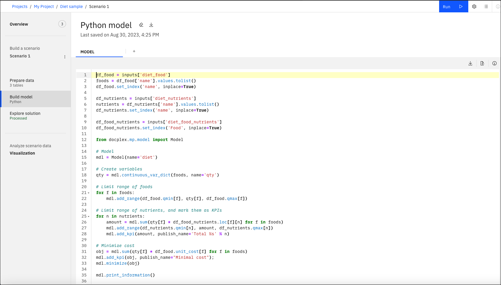 Visualização do modelo de construção mostrando o modelo de dieta Python