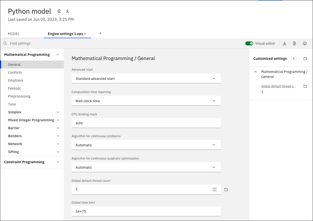 Arquivo .ops de configurações do mecanismo para o modelo Python mostrado aberto na visualização do Visual Editor com um parâmetro customizado