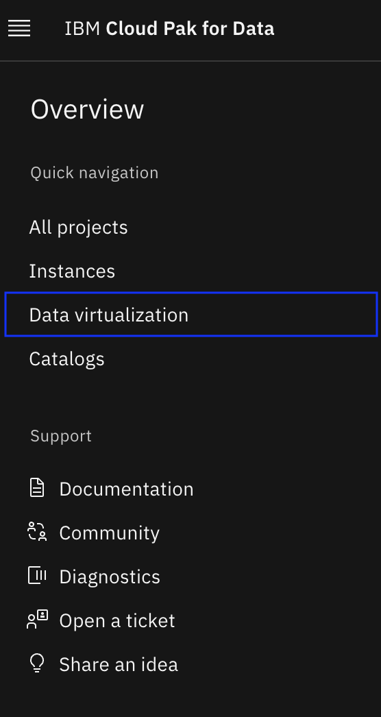 Captura de tela do menu suspenso Cloud pak for Data com Data Virtualization