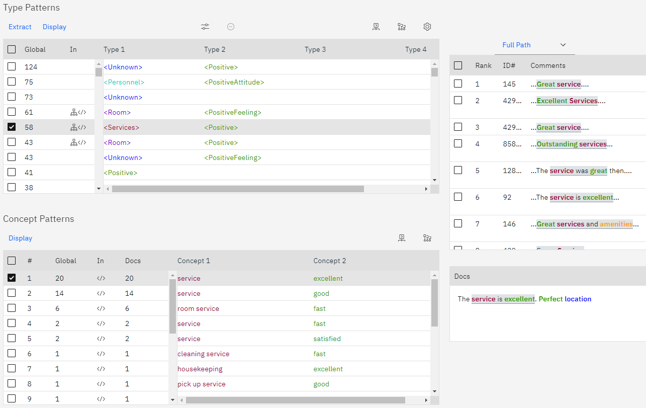 Workbench de análise de texto - guia Links de texto. Mostra os padrões de tipo na guia Link de texto. Ao lado está o painel Preview, que tem uma tabela com três colunas. As três colunas são Entrada, Visualização do documento e Caminho da categoria.