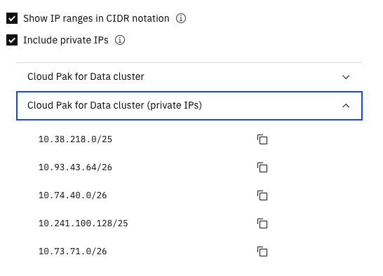 Uma lista de endereços IP privados para o cluster do Cloud Pak for Data as a Service