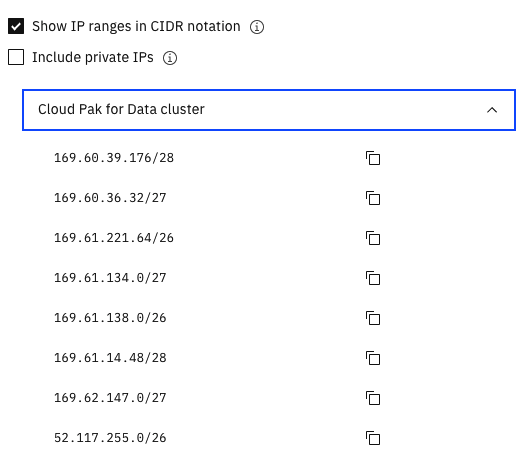 Lista de endereços IP para o cluster do Cloud Pak for Data as a Service