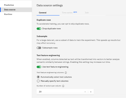 Configurações de origem de dados para usar engenharia de recursos de texto