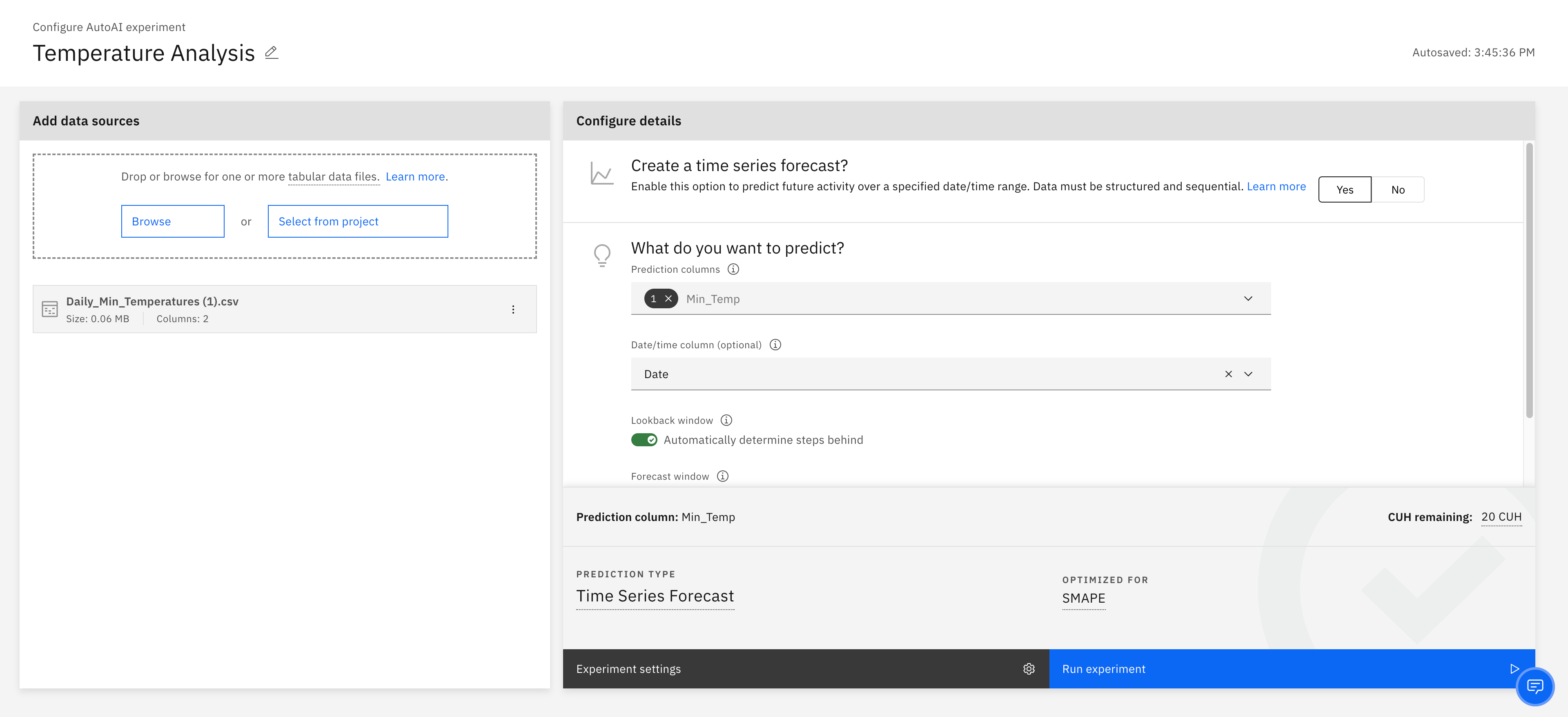 Configuração das definições do experimento. Sim para previsão de série temporal e temperatura mínima como a coluna de previsão com Data como a coluna de data/hora.
