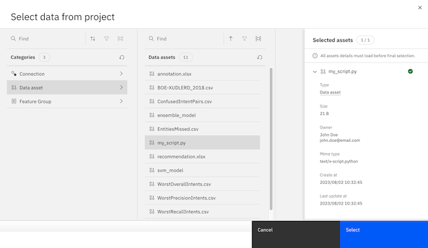 Selecione dados do projeto