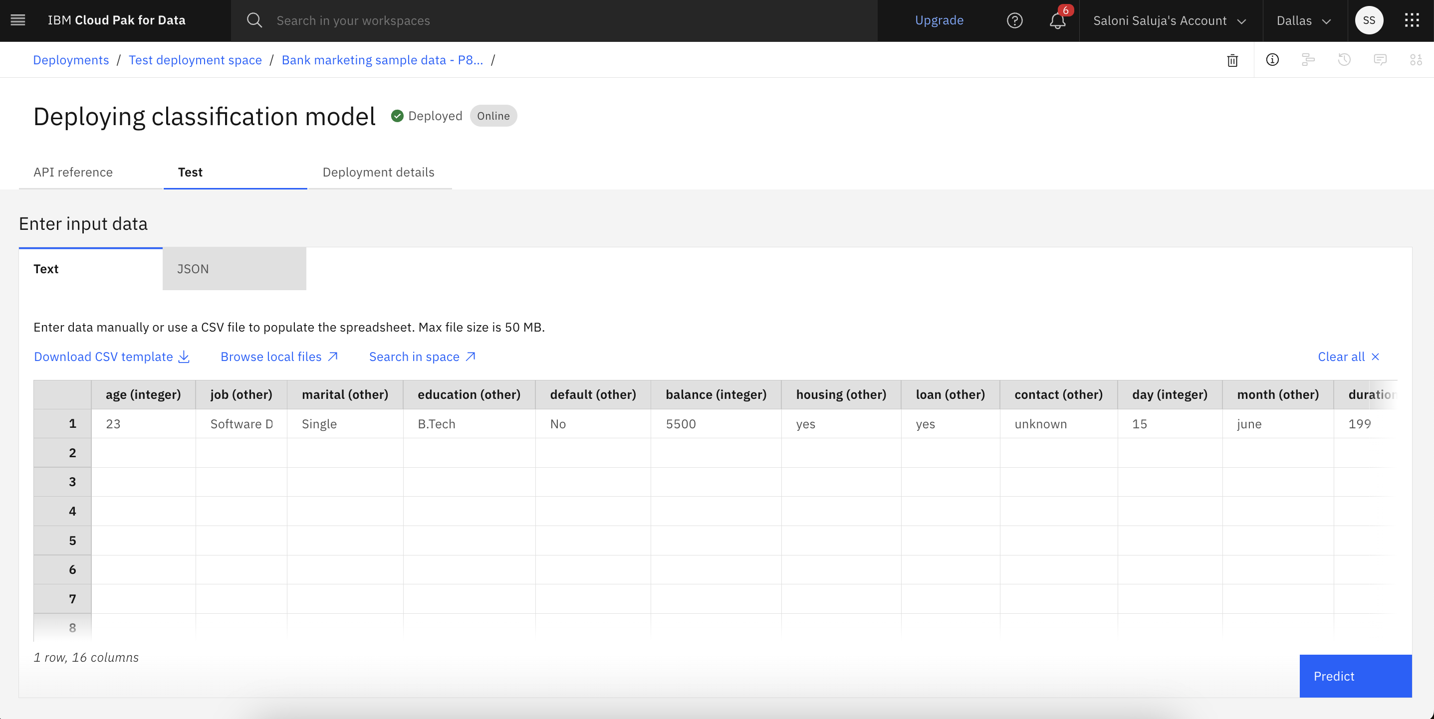 Inserindo dados de entrada para testar a implementação on-line