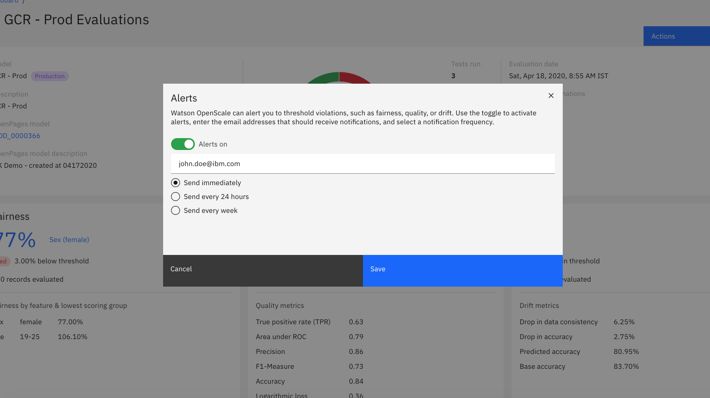 A caixa de diálogo de alerta com configurações para ativar alertas, configurar o e-mail e configurar a frequência