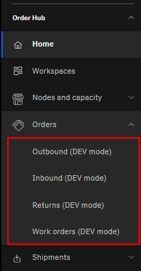 O menu Order inclui as palavras DEV mode entre parênteses para indicar que essas páginas estão sendo entregues a partir do servidor local