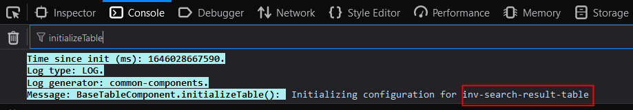 Uma captura de tela do console com o nome do esquema inv-search-result-table destacado com uma caixa vermelha
