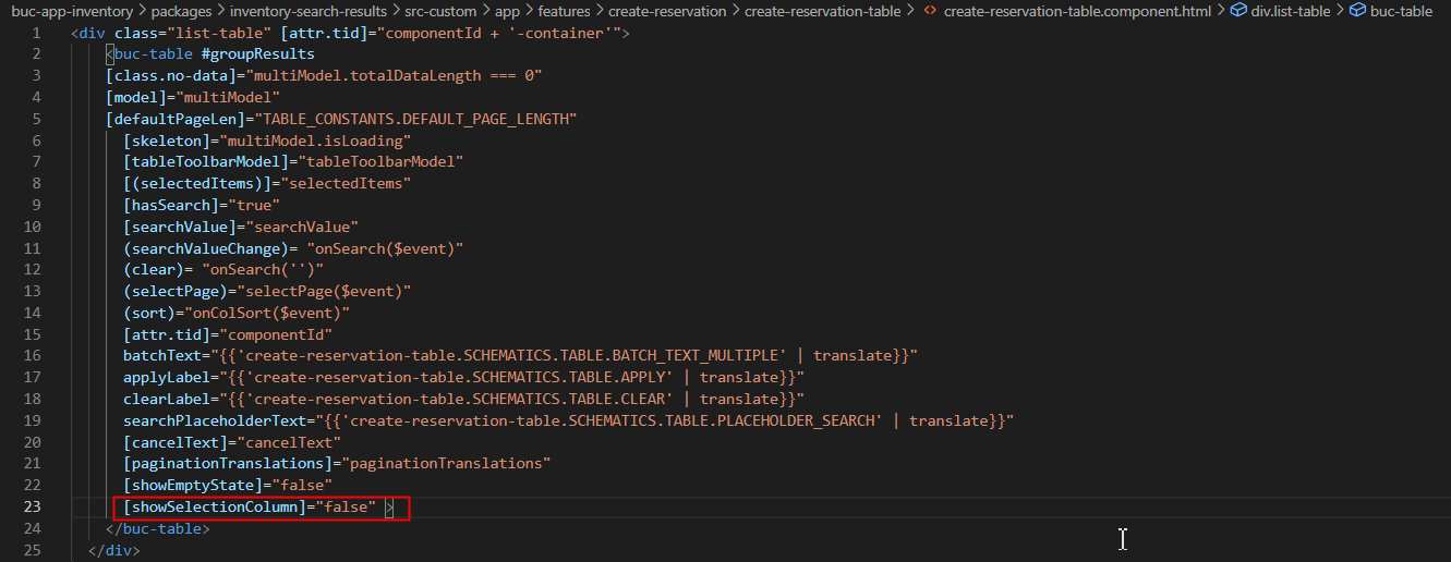 Captura de tela do create-reservation-table-component.html com a propriedade showSelectionColumn