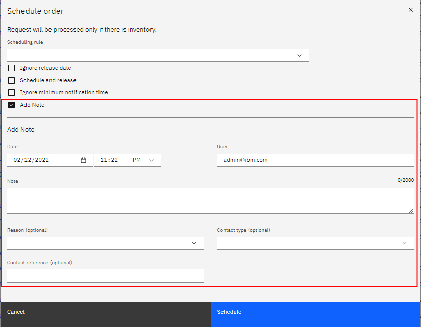 Uma caixa vermelha descreve a nova seção Incluir nota que você customizará no modal de ordem de Planejamento