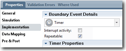 Image shows the Implementation page in the Properties tab. Timer is selected for the Boundary Event Details.