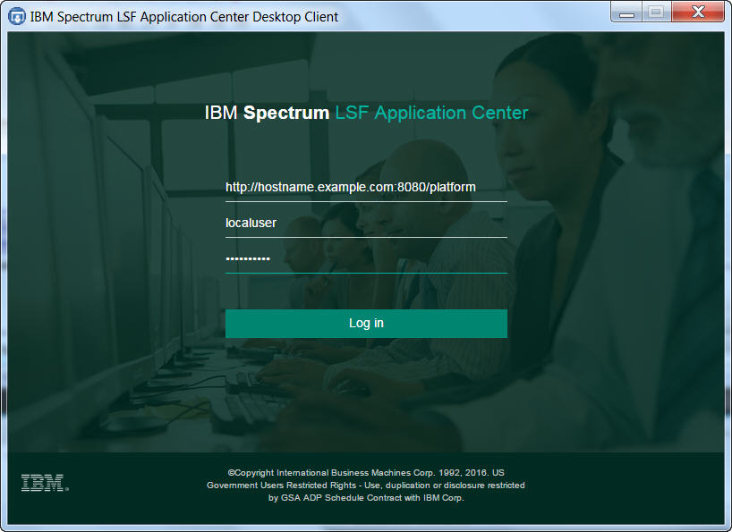 Login screen for IBM Spectrum LSF Application Center Desktop Client